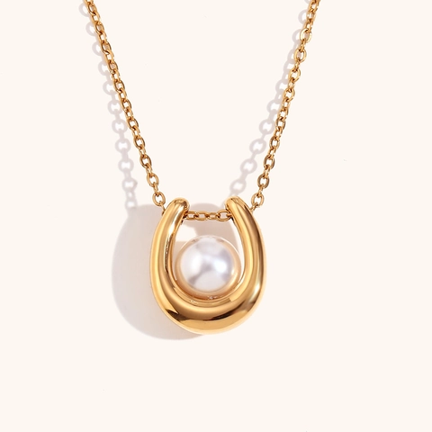 18K Vergoldeter Edelstahl Hufeisen Ringhalter Halskette Mit Künstlicher Perle U-Form Anhänger Damen Mode Schmuck Geschenk