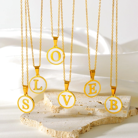 Minimalist Stainless Steel Round White Mother Of Artificial Pearl Initial Pendant Necklace Gold Plated Capital Letter Jewelry For Women