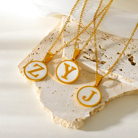 Minimalist Stainless Steel Round White Mother Of Artificial Pearl Initial Pendant Necklace Gold Plated Capital Letter Jewelry For Women
