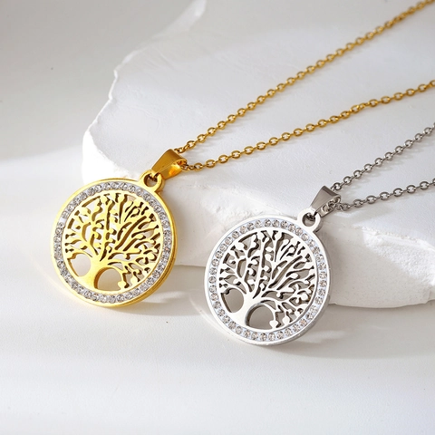 Luxury Stainless Steel Hollow Tree Of Life Pendant Necklace Round Medallion Gold Silver Rhinestone Fashion Jewelry For Women