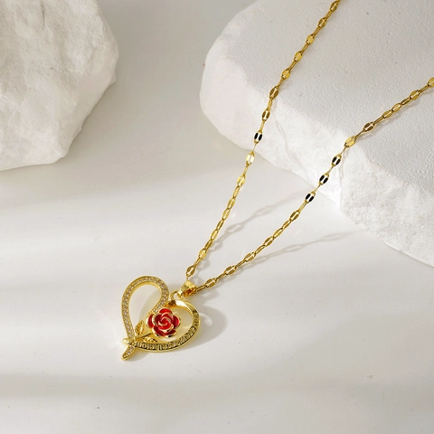 Simple Copper Gold Plated Heart Rose Pendant Necklace With Rhinestone Red Enamel Lettering Clavicle Chain Jewelry For Women