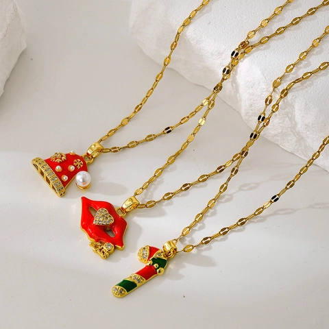 Damen Weihnachten Serie Halskette Personalisiert Gold Überzogene Emaille Weihnachtsmütze Lippen Rentier Zuckerstange Strass Anhänger Halskette