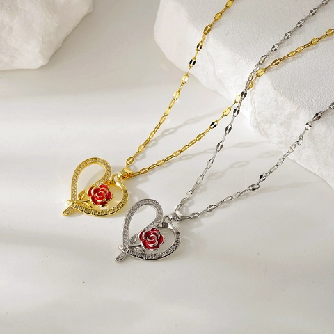 Simple Copper Gold Plated Heart Rose Pendant Necklace With Rhinestone Red Enamel Lettering Clavicle Chain Jewelry For Women