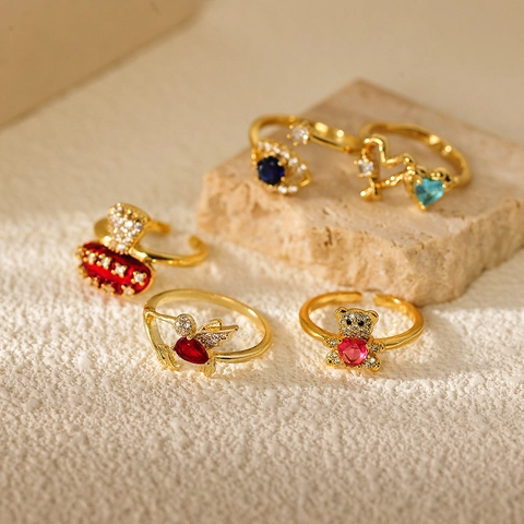 Luxury Copper Rhinestone Adjustable Open Ring Women Gold Plated Rotating Heart Flower Animal Mushroom Jewelry Gift Ring