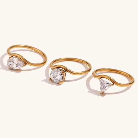 Anillo de Onda Minimalista de Acero Inoxidable 316L Chapado en Oro de 18K Con Zirconia Gota de Agua Redondo Triángulo Joyería para Mujer