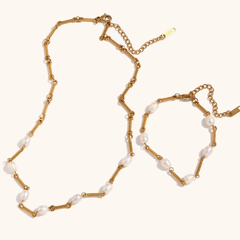 Handgefertigte Süßwasserperle Edelstahl 18K Vergoldet Drahtgewickelt Kette Halskette Armband Schmuckset Für Damen