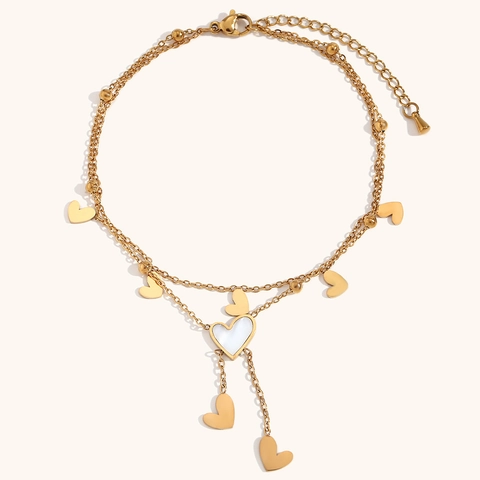 Tobillera de Doble Capa de Corazón de Nácar con Borla para Mujer Chapado en Oro de Acero Inoxidable Joyería Ajustable