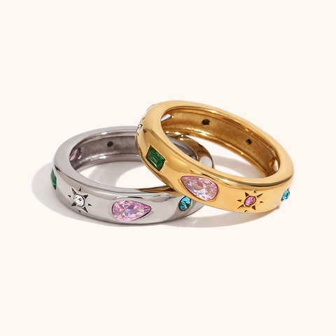 Anello in Acciaio Inossidabile Placcato Oro 18K Zirconia Colorata Geometrico Stella Incisa Moda Gioielli Donna