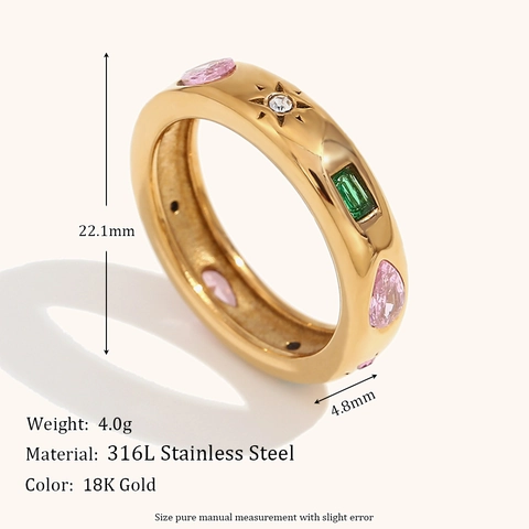 Anello in Acciaio Inossidabile Placcato Oro 18K Zirconia Colorata Geometrico Stella Incisa Moda Gioielli Donna