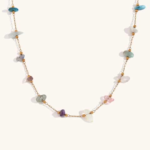 Bohemian Natural Crushed Stone Stainless Steel 18K Gold Plated Necklace For Women Irregular Colorful Gemstone Minimalist Jewelry