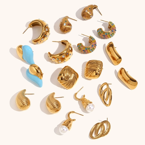 Pendientes de Botón de Acero Inoxidable 316L Chapados en Oro 18K para Mujer Gota Corazón Forma C Perla Artificial Strass Esmalte Joyería Moda