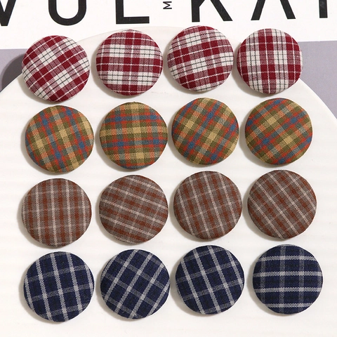 Botones Forrados de Tela a Cuadros Retro para Clips de Pelo DIY Accesorios de Joyería Botones Decorativos Redondos de Cuadros Gingham