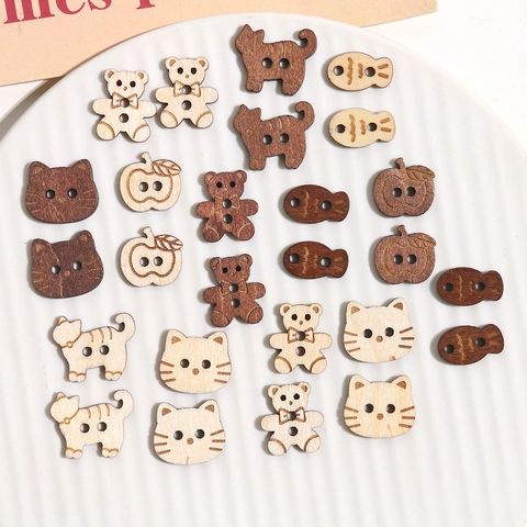 Wood Buttons Cartoon Cat Bear Fish Apple Shapes For DIY Earrings Headwear Hats Clothing Sewing Accessory Decorative