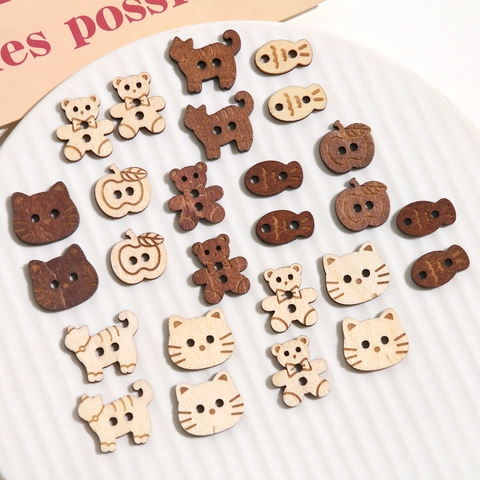 Wood Buttons Cartoon Cat Bear Fish Apple Shapes For DIY Earrings Headwear Hats Clothing Sewing Accessory Decorative