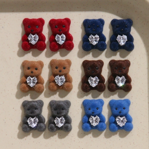 Flocked Bear DIY Jewelry Accessories With Heart Zirconia Acrylic Animal Buttons For Headwear Hair Clips Phone Case Decoration