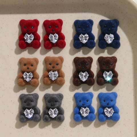 Flocked Bear DIY Jewelry Accessories With Heart Zirconia Acrylic Animal Buttons For Headwear Hair Clips Phone Case Decoration