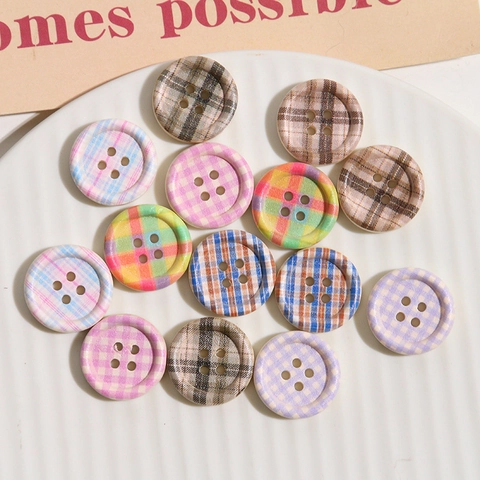 Botones de Madera Redondos Vintage Con Estampado de Cuadros Cuatro Agujeros Decorativos Para Costura Bricolage Ropa Abrigo Sombrero