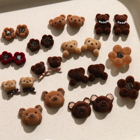 Flocking Resin Teddy Bear Flower Stud Earrings With 925 Sterling Silver Earring Post Cute Animal Bowknot Jewelry For Women