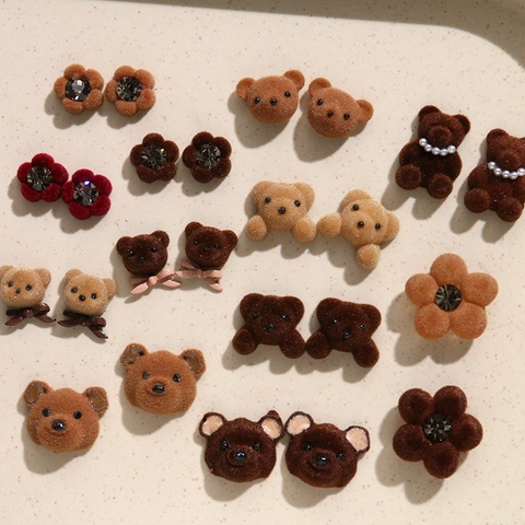 Flocking Resin Teddy Bear Flower Stud Earrings With 925 Sterling Silver Earring Post Cute Animal Bowknot Jewelry For Women