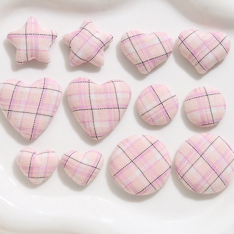 Korean Sweet Pink Blue Plaid Fabric Wrapped Buttons Heart Star Round Shape DIY Handcraft Clothing Sewing Accessories