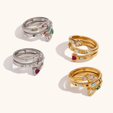 Moda Anillo Abierto en Espiral de Acero Inoxidable 316L Chapado en Oro de 18K para Mujer Corazón Flecha Joyería Incrustada con Zirconia Colorida