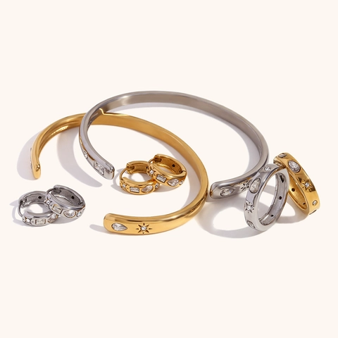 18K Gold Plated Stainless Steel Star Zirconia Jewelry Set Geometric Water Drop Circle Earrings Bracelet Ring For Women