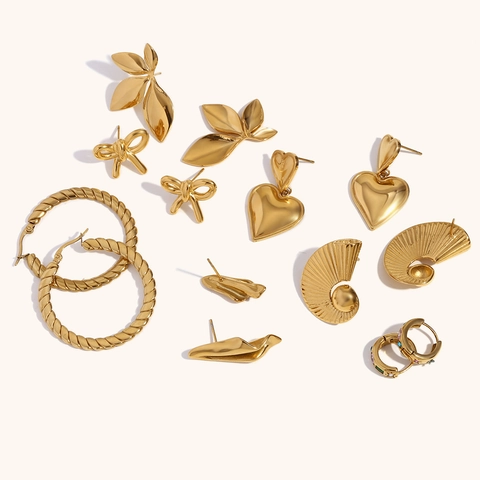 Fashion Stainless Steel Earrings For Women 18K Gold Plated Heart Leaf Bowknot Fan Shape Paper Plane Rhinestone Stud Earrings