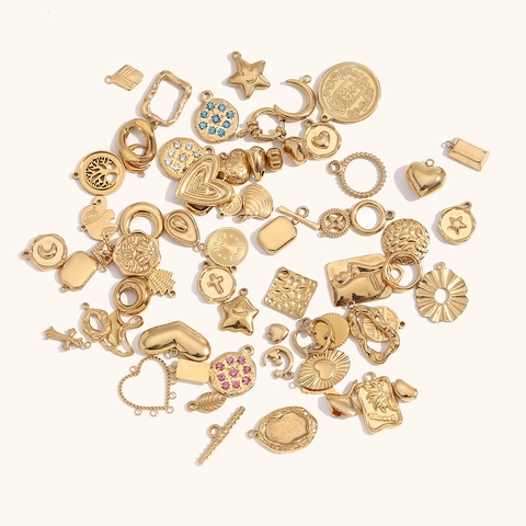 Pendentifs en Acier Inoxydable Plaqué Or 14K Vintage Cœur Pièce Croix Étoile Lune Strass DIY Charmes de Bijoux pour Femmes