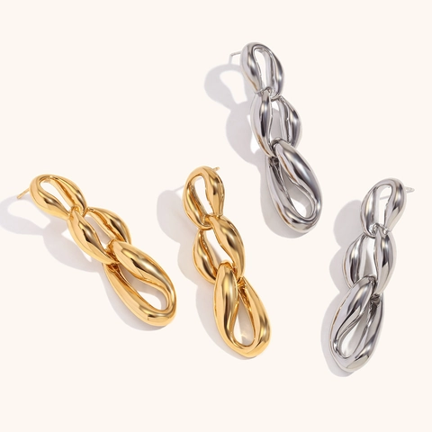 Übertriebene Edelstahl Kette Ohrringe Unregelmäßige Drei Verbundene Schlaufen Gold Silber Plattiert Modeschmuck Damen