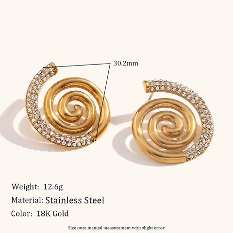 Fashion Stainless Steel 18K Gold Plated Rhinestone Enamel Shell Flower Conch Stud Earrings For Women Retro Jewelry Accessory