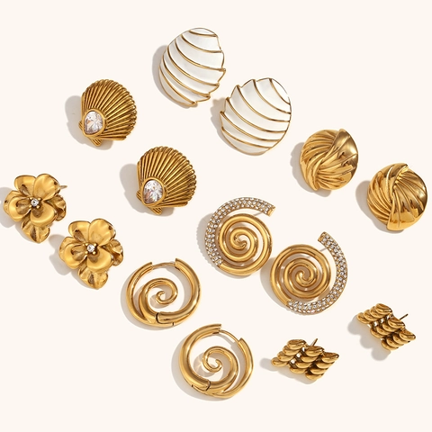 Fashion Stainless Steel 18K Gold Plated Rhinestone Enamel Shell Flower Conch Stud Earrings For Women Retro Jewelry Accessory
