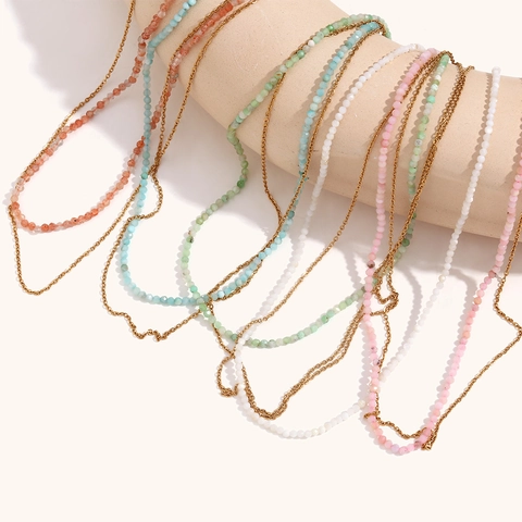Double Layer Stainless Steel Necklace 18K Gold Plated Amazonite Opal Beaded Chain Minimalist Fashion Jewelry For Women