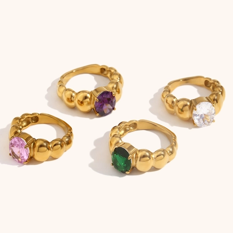 Anillo de Acero Inoxidable Vintage Con Chapado en Oro 18K Gema Ovalada Rosa Púrpura Verde Blanco Zirconia para Mujer