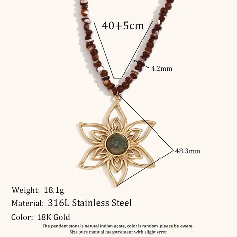 Vintage Stainless Steel 18K Gold Plated Petal Pendant Necklace Handmade Natural Stone Indian Agate Shell Beaded Necklace Women