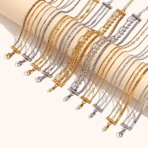 Stainless Steel 3 Layer Multi Strand Anklet For Women 18K Gold Plated Herringbone Paperclip Snake Chain Adjustable Foot Jewelry