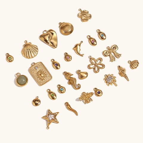 Stainless Steel Gold Plated Ocean Sea Animals Star Heart Bee Chili Charms Pendants Rhinestone Inlaid For DIY Jewelry Making Necklaces Accessories