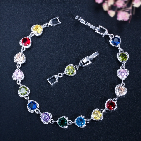 Elegant Copper Heart Shaped Zirconia Bracelet For Women Multicolor Crystal Inlaid Jewelry Luxury Gold Plated Wristband