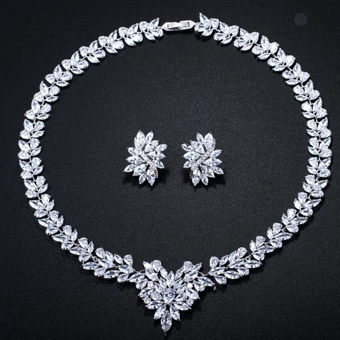 Luxurious Copper Zirconia Jewelry Set Marquise Leaf Flower Cluster Necklace And Stud Earrings For Wedding Banquet Women Jewelry