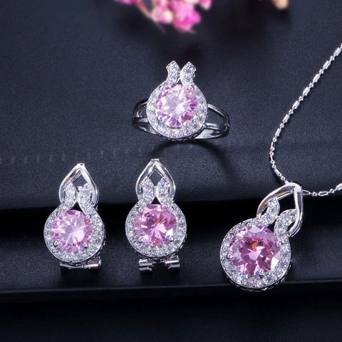 Luxe Koperen AAA Zirkonia Kalebas Sieradenset voor Dames Ketting Oorbellen Ring Bruiloft Banket Meerkleurige Mode Sieraden
