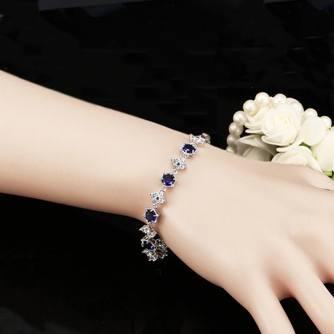 Luxury Copper Zirconia Flower Bracelet For Women Elegant Silver Plated Royal Blue Green Red Crystal Jewelry Gift