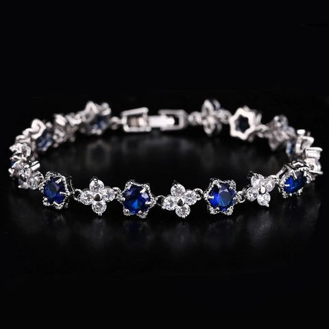 Luxury Copper Zirconia Flower Bracelet For Women Elegant Silver Plated Royal Blue Green Red Crystal Jewelry Gift