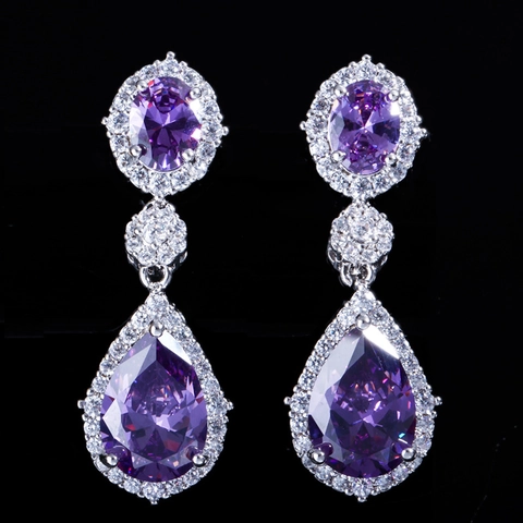 Luxe Zirconia Koperen Waterdruppel Hangoorbellen Voor Dames Elegante Halo-Instelling Bruiloft Feest Sieraden Accessoire