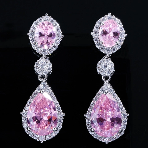 Luxe Zirconia Koperen Waterdruppel Hangoorbellen Voor Dames Elegante Halo-Instelling Bruiloft Feest Sieraden Accessoire