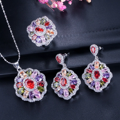 Luxe Koperen Zirkonia Bloem Sieraden Voor Vrouwen Kleurrijke Strass Ketting En Oorbellen En Ring Banket Bruiloft Sieraden