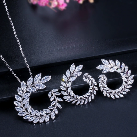 Platinum Plated Copper Zirconia Jewelry Set Marquise Leaf Laurel Pendant Necklace Stud Earrings For Wedding Party Women