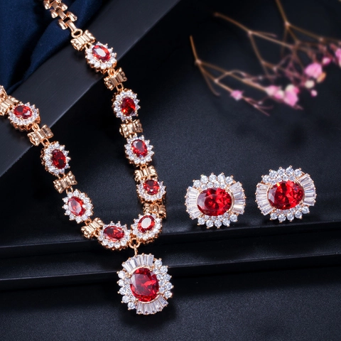 Joyas De Lujo De Cobre Vintage Con Circonita Ovalada Collar Y Pendientes Rojo Verde Azul Púrpura Negro Piedra Preciosa Boda Mujer