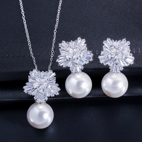 Elegant Snowflake Zirconia Artificial Pearl Jewelry Set For Women Copper Plated Pendant Necklace Stud Earrings Bridal Wedding Party Accessory