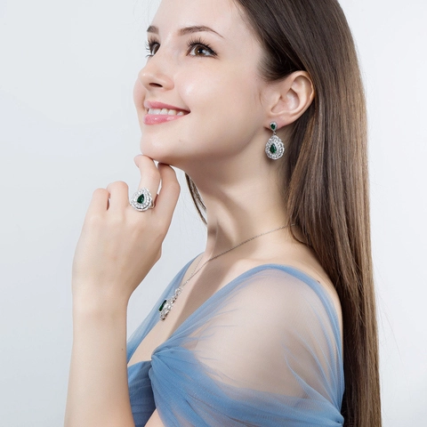 Luxury Copper Zirconia Waterdrop Necklace Earrings Ring For Women Purple Red Blue White Royal Blue Anniversary Jewelry