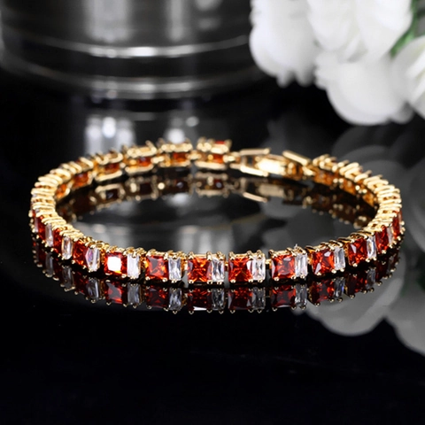 Pulsera Tennis de Cobre Chapado en Oro de Lujo Circonia Cuadrada Incrustada Ajustable Joyería Regalo Mujer