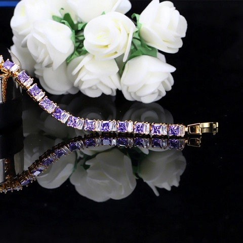Pulsera Tennis de Cobre Chapado en Oro de Lujo Circonia Cuadrada Incrustada Ajustable Joyería Regalo Mujer